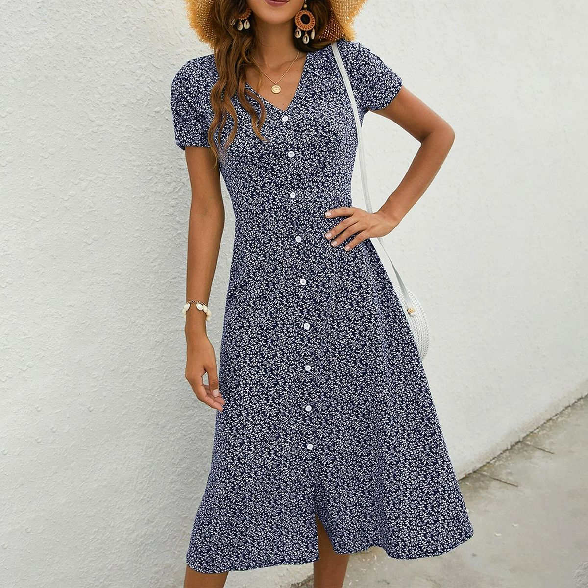 EP | Robe midi bleu marine à manches courtes et décolleté en V