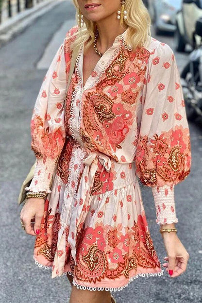 EP | Palace Print Bouton smocké Manches Ceinture Mini-robe