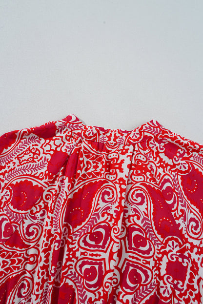 EP | Rouge Paisley Imprimer côté fente manches bouffantes taille haute Maxi Robe