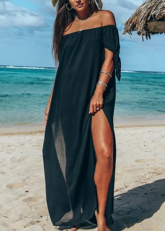 EP | Robe longue pour femme avec grande fente latérale, robe ample et évasée avec épaules dénudées