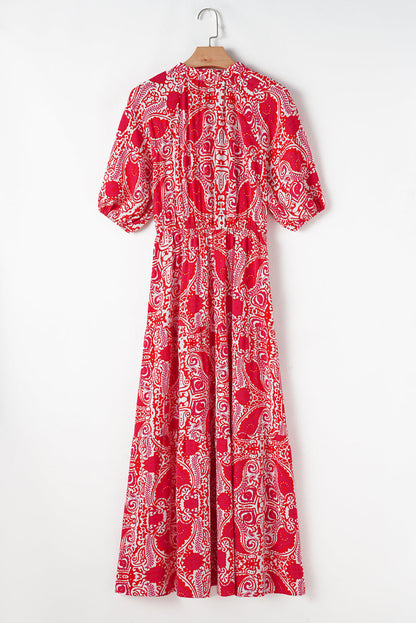 EP | Rouge Paisley Imprimer côté fente manches bouffantes taille haute Maxi Robe