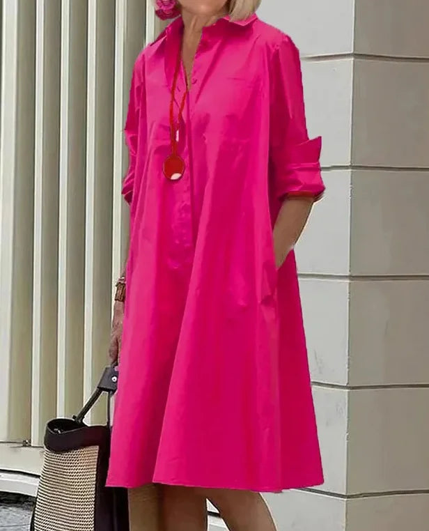 EP | Printemps/Été Nouveau Type de Mode Tempérament Chemise Col Longue Pochette Robe Demi-Longue