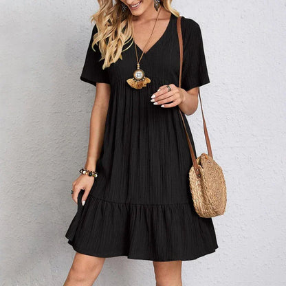 EP | Robe d'été Solid Femmes Casual Bohème V cou manches courtes Ruffles Lâches A Line Mini Robe pour les jours de plage élégante