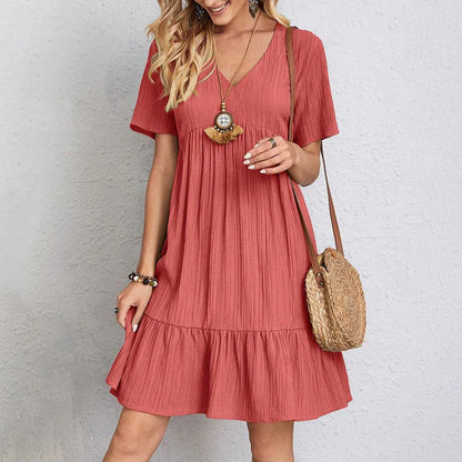 EP | Robe d'été Solid Femmes Casual Bohème V cou manches courtes Ruffles Lâches A Line Mini Robe pour les jours de plage élégante