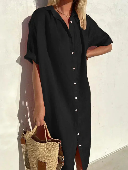 EP | Robe élégante et décontractée pour femme avec manches larges et boutons Robe en coton et lin