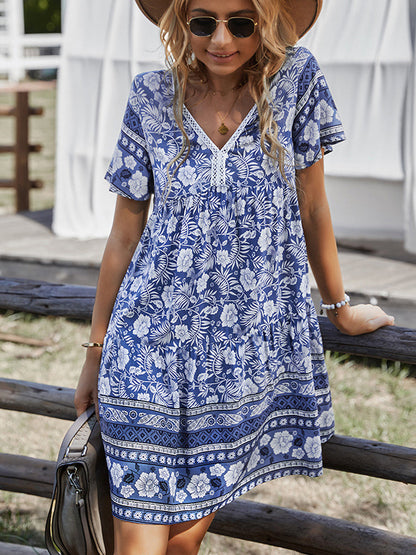 EP | Mini-robe bohème à manches courtes et col en V