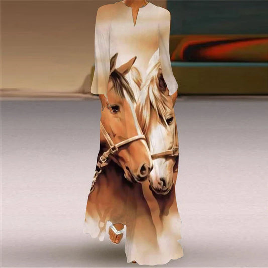 EP | 2024 Européenne et Américaine Transfrontalière Femme Nouvelle Robe Col en V Manches Longues Sexy Imprimé Grand Sac Robe Commerce Extérieur