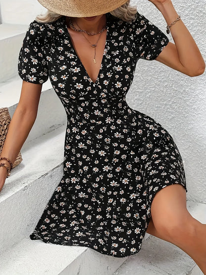 EP | Eté Femmes Floral Imprimé Mini Robe Col V Manches bouffantes Casual Vacances Robe pour Sortie et Fête