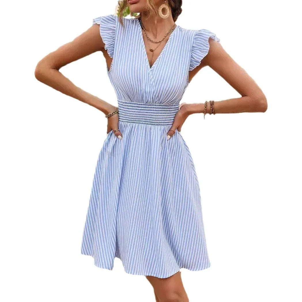 EP | Robe d'été pour femme à rayures et manches papillon Mini-robe de vacances à la mode dans le style européen