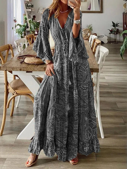 EP | 2023Croix Border style bohème manches évasées imprimé v-cou robe de vacances cintrée haute avec robe florale pour les femmes