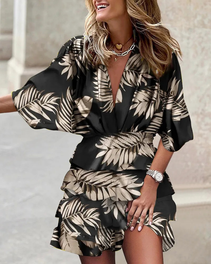 EP | Mini-robe casual femme col V avec manches Batwing et ourlet à volants pour l'été et les fêtes