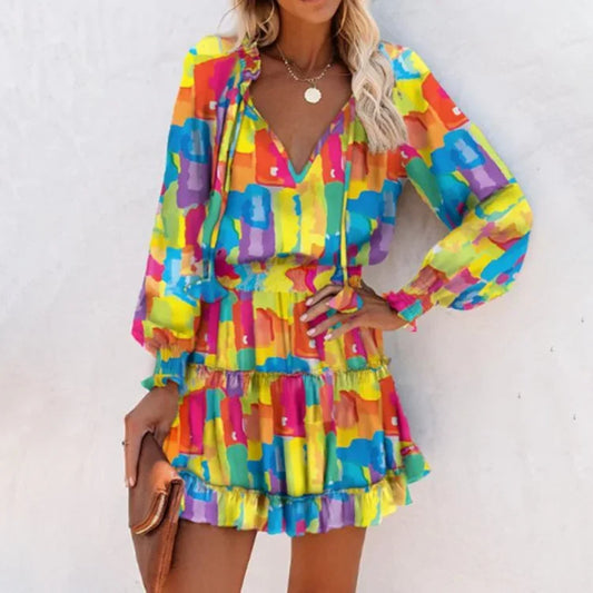 EP | Femmes Printemps Mode Casual Floral Print Manches Longues Manches V Cou Ruffle Mini Robe Taille