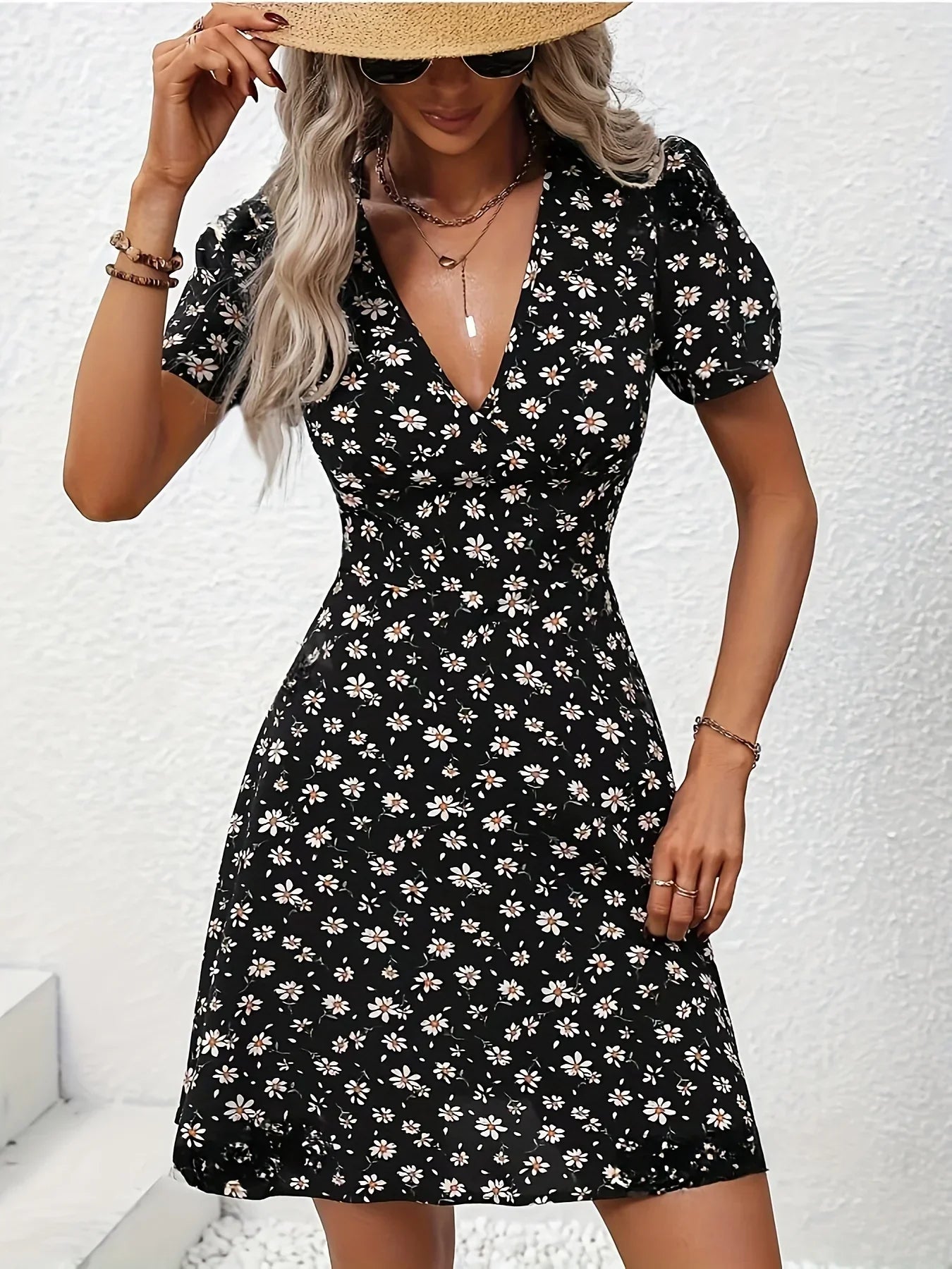 EP | Eté Femmes Floral Imprimé Mini Robe Col V Manches bouffantes Casual Vacances Robe pour Sortie et Fête
