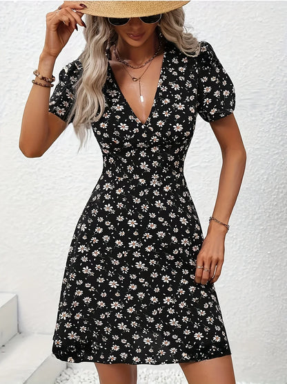 EP | Eté Femmes Floral Imprimé Mini Robe Col V Manches bouffantes Casual Vacances Robe pour Sortie et Fête