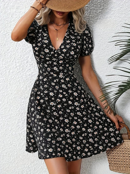 EP | Eté Femmes Floral Imprimé Mini Robe Col V Manches bouffantes Casual Vacances Robe pour Sortie et Fête
