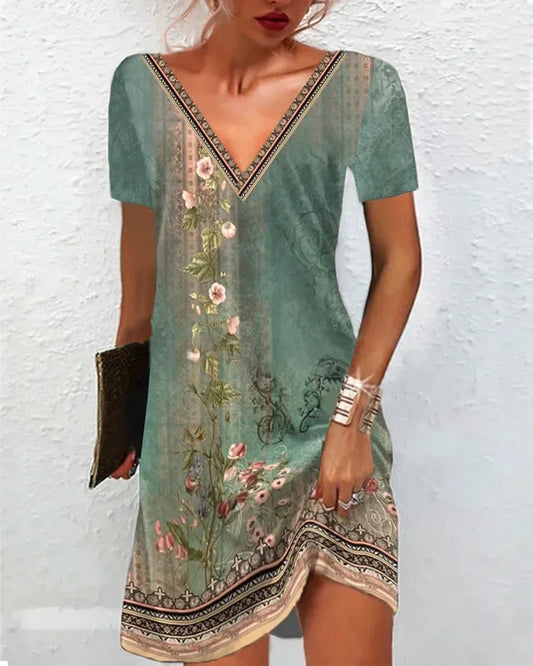 EP | 2024 Femmes Robe d'été Boho Col V Manches courtes Vintage Imprimé Robe Fleur Femme Casual Holiday Beach Loose Dresses Vestidos