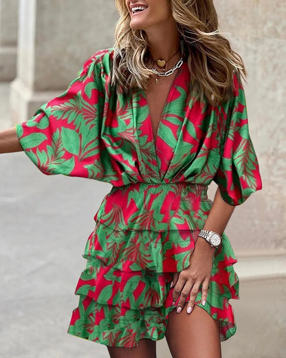EP | Mini-robe casual femme col V avec manches Batwing et ourlet à volants pour l'été et les fêtes