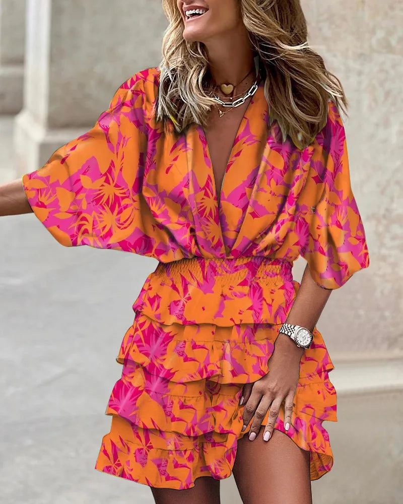 EP | Mini-robe casual femme col V avec manches Batwing et ourlet à volants pour l'été et les fêtes