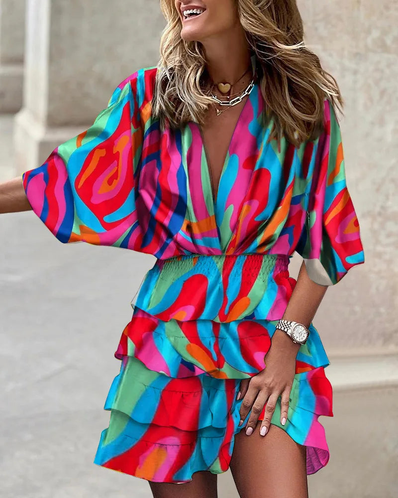 EP | Mini-robe casual femme col V avec manches Batwing et ourlet à volants pour l'été et les fêtes