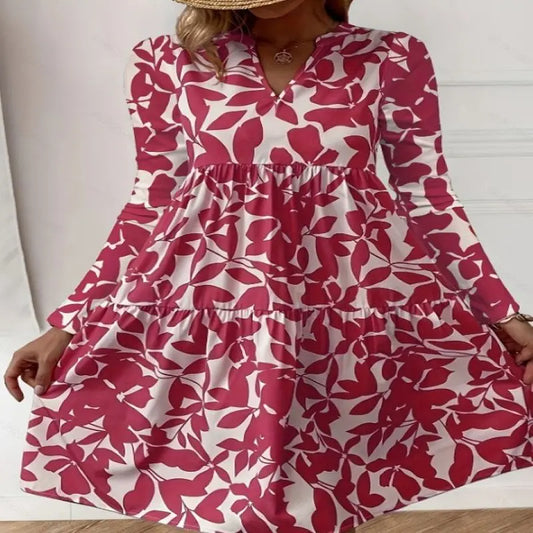 EP | 2024 Femme Eté Elégant Col V Ligne Plissée Robe de Soleil Boho Imprimé Mini-robe Décontractée Grande Taille Plage Robe de Soleil