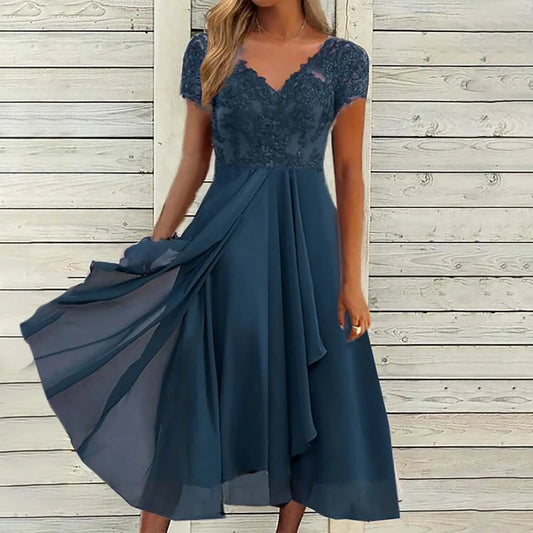 EP | Vestidos Largos Robes Pour Femme Elégante Dentelle Mousseline Flowy Soirée Robe V Cou Manches Courtes Dentelle Mousseline Robe