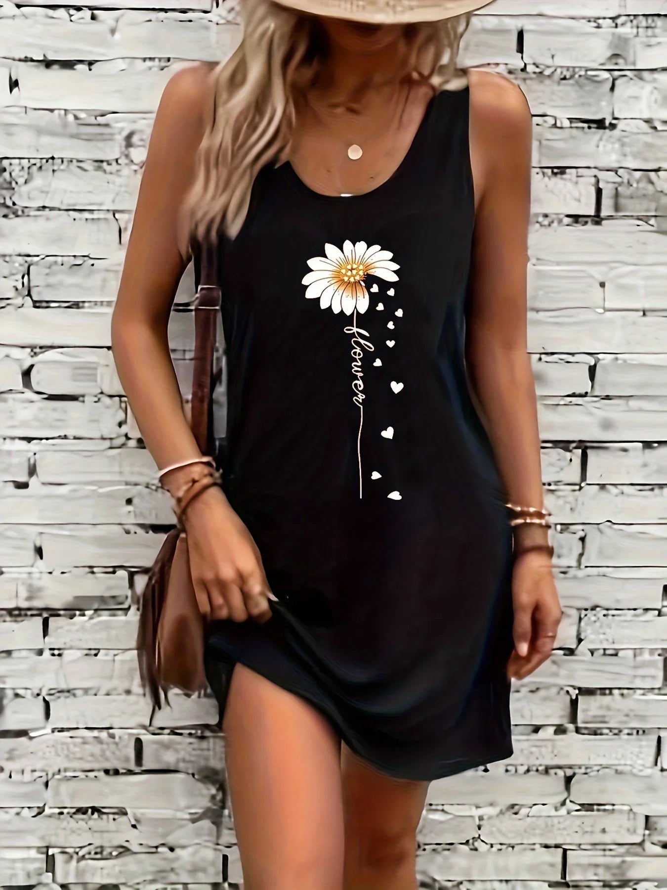 EP | Eté noir sexy robe femme imprimé tournesol casual slim fit sans manches col rond t-shirt mini robe