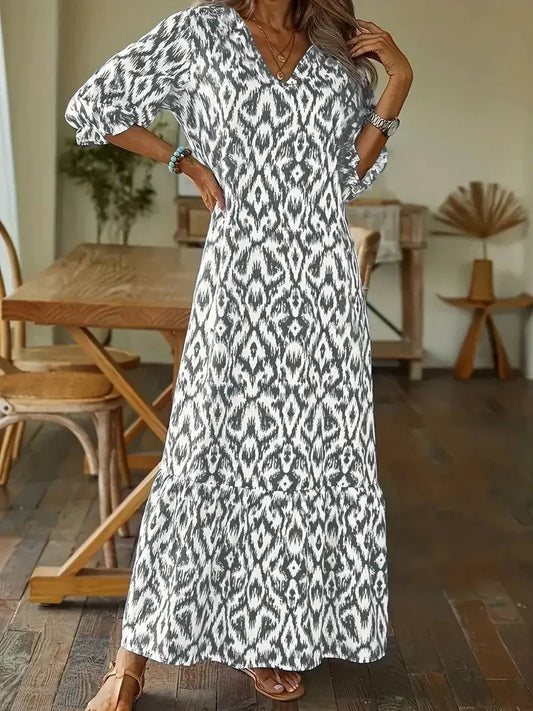 EP | 2024 européenne et américaine transfrontalière AliExpress automne et hiver fashionista douce lâche v-cou d'impression mi-manches robe longue