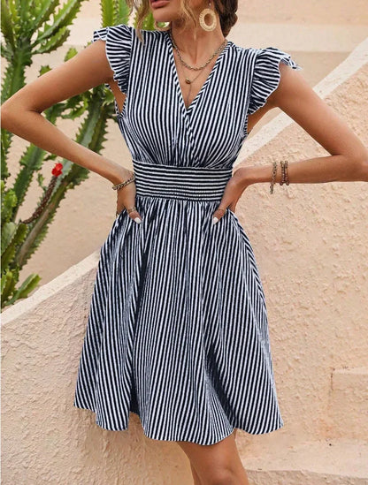 EP | Robe d'été pour femme à rayures et manches papillon Mini-robe de vacances à la mode dans le style européen