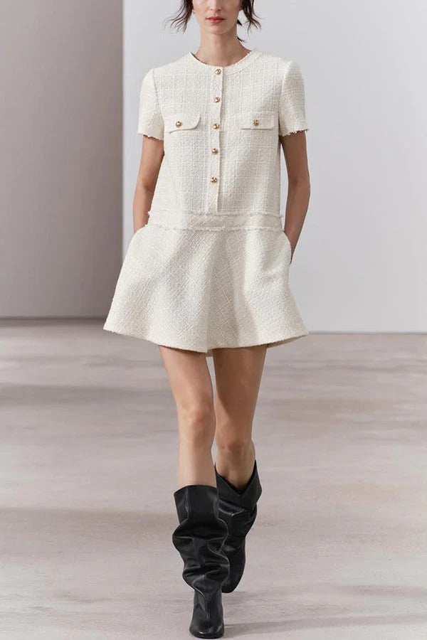 EP | Années 1960 London Girl Tweed texturé or bouton manches courtes Pocketed Mini Robe