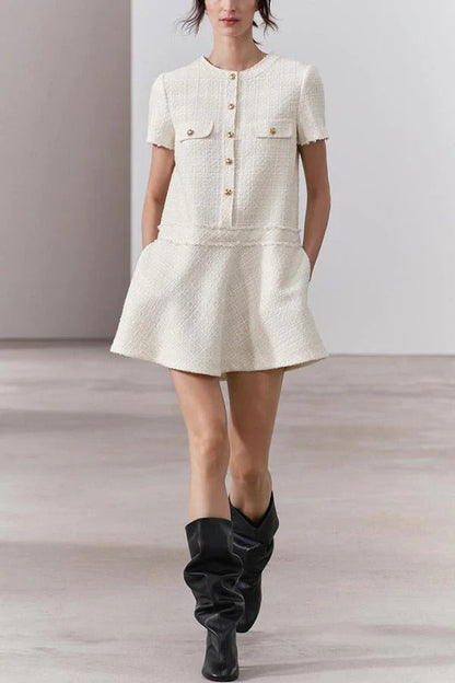 EP | Années 1960 London Girl Tweed texturé or bouton manches courtes Pocketed Mini Robe