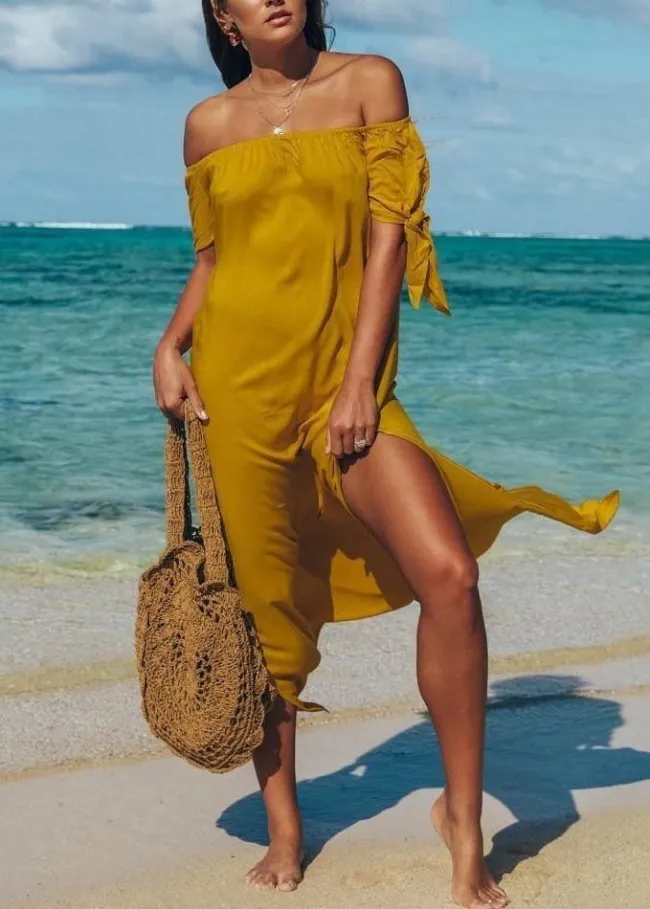 EP | Robe longue pour femme avec grande fente latérale, robe ample et évasée avec épaules dénudées
