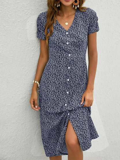EP | Robe midi bleu marine à manches courtes et décolleté en V