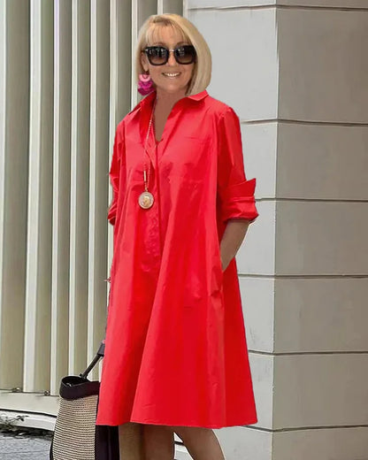 EP | Printemps/Été Nouveau Type de Mode Tempérament Chemise Col Longue Pochette Robe Demi-Longue