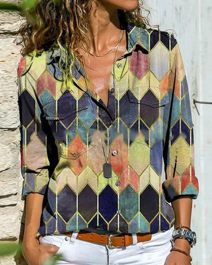 EP couleur bloc décontracté col manches longues blouses