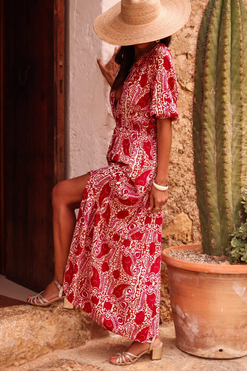 EP | Rouge Paisley Imprimer côté fente manches bouffantes taille haute Maxi Robe