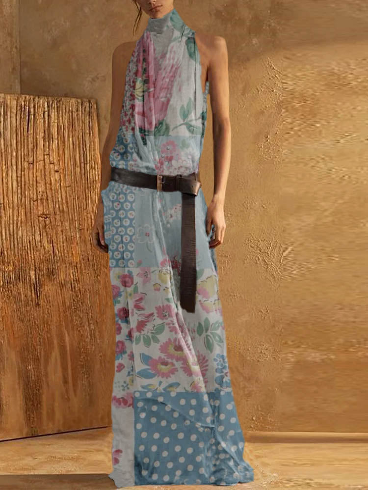 EP | Robe maxi débardeur femme - Encolure haute - Sans manches - Ceinture à la taille - Coupe fluide - Mélange respirant