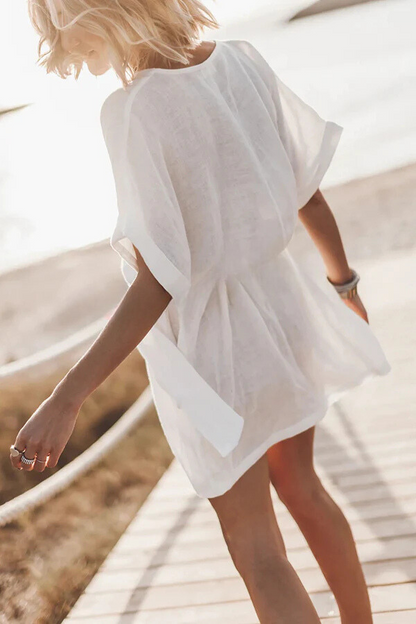 EP | mélange coton-lin ceinture à poches mini-robe kimono