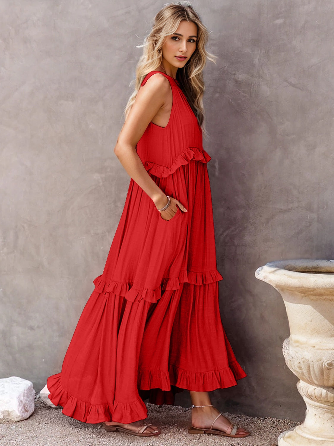 EP | Robe maxi échelonnée sans manches avec poches