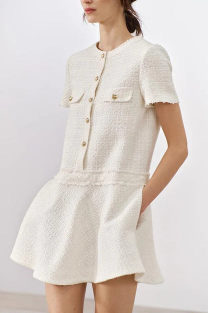 EP | Années 1960 London Girl Tweed texturé or bouton manches courtes Pocketed Mini Robe