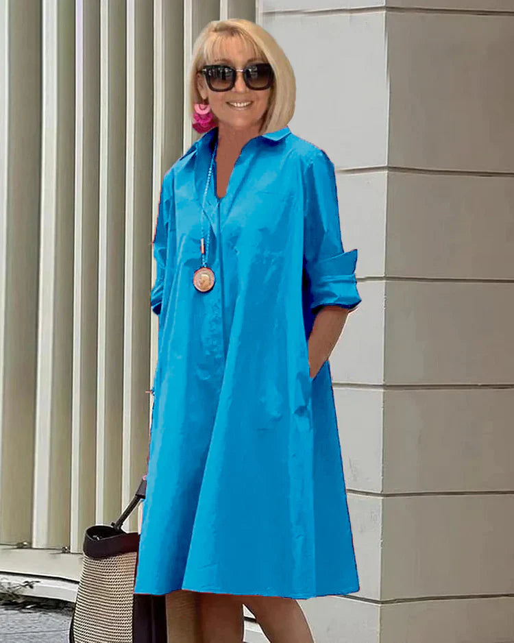 EP | Printemps/Été Nouveau Type de Mode Tempérament Chemise Col Longue Pochette Robe Demi-Longue