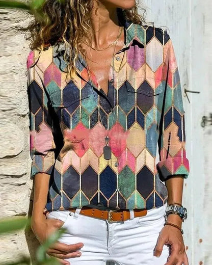 EP couleur bloc décontracté col manches longues blouses