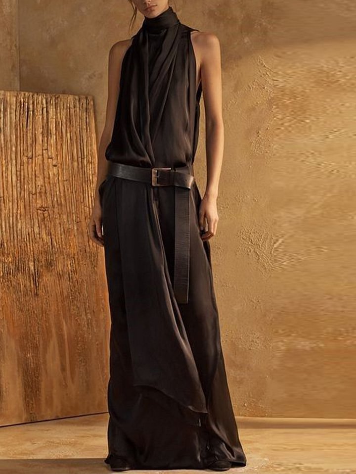 EP | Robe maxi débardeur femme - Encolure haute - Sans manches - Ceinture à la taille - Coupe fluide - Mélange respirant