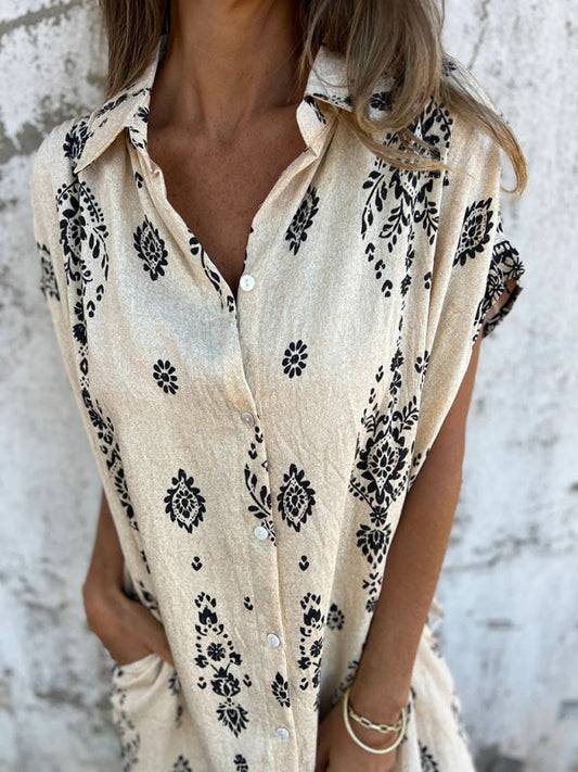 EP | Femmes Loose Casual manches courtes en coton et lin Chemise sac imprimé robe