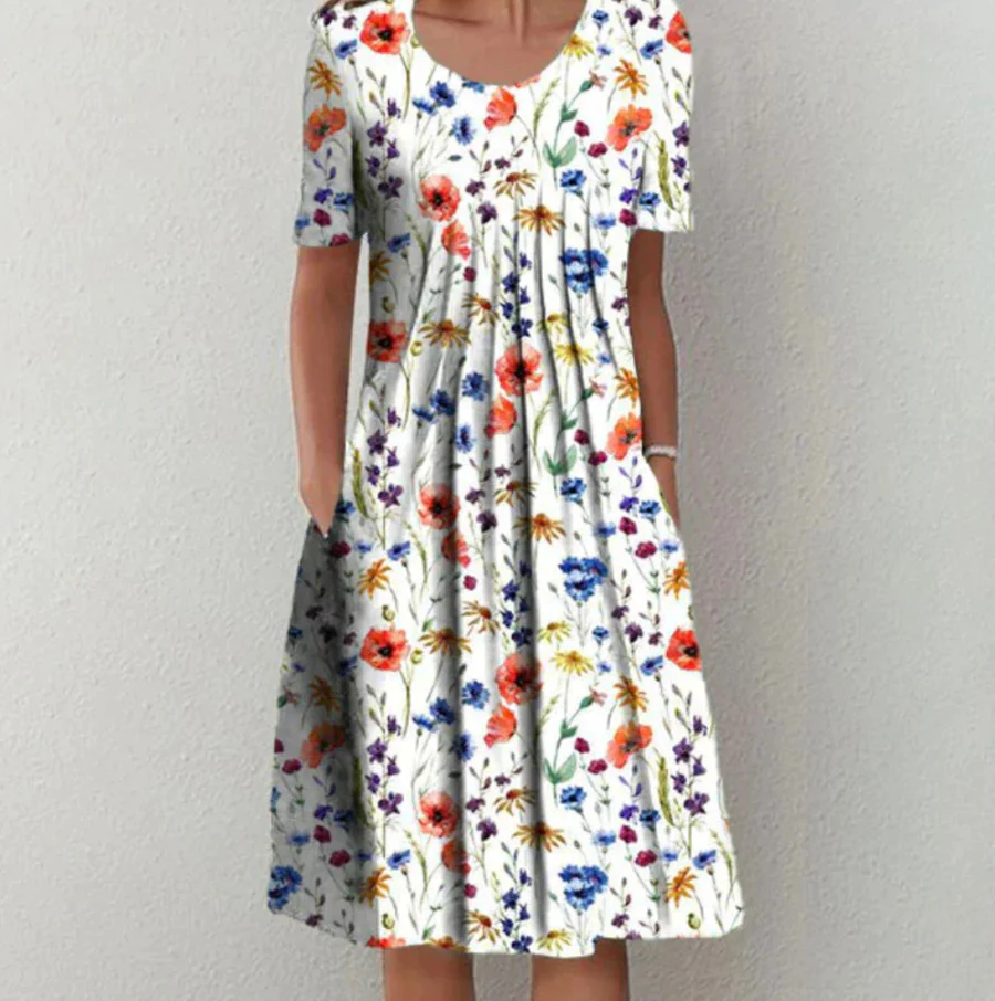 EP | Robe midi pour femme - Forme A-Line - Mélange respirant - Encolure ronde - Motif floral - Poches