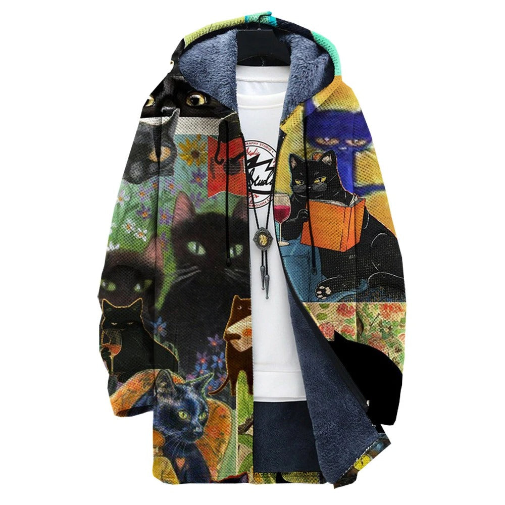 EP | Veste à capuche doublée de polaire avec un imprimé chat artistique