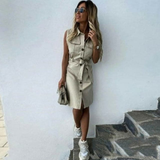 EP | Femmes Vintage Bouton Avant Gaine Robe de Fête sans manches Tourner vers le bas Col décontracté Mini-robe d'été Mode nouvelle robe